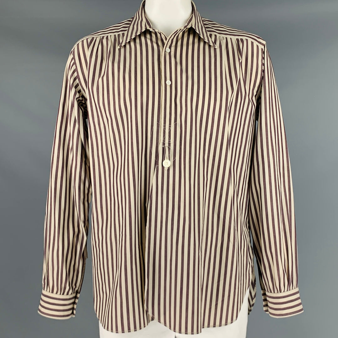 NEEDLES Size XL Brown Cream Stripe Cotton Long Placket Long Sleeve Shirt
