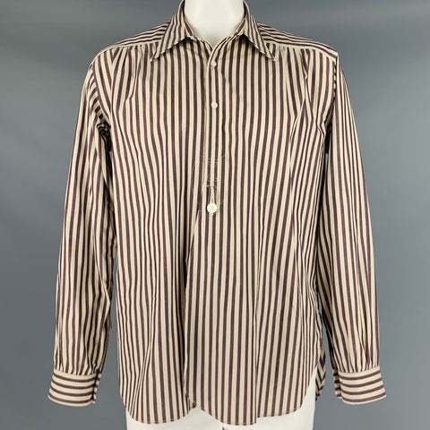 AGUJAS Talla XL Camisa de manga larga con tapeta larga de algodón a rayas color crema marrón