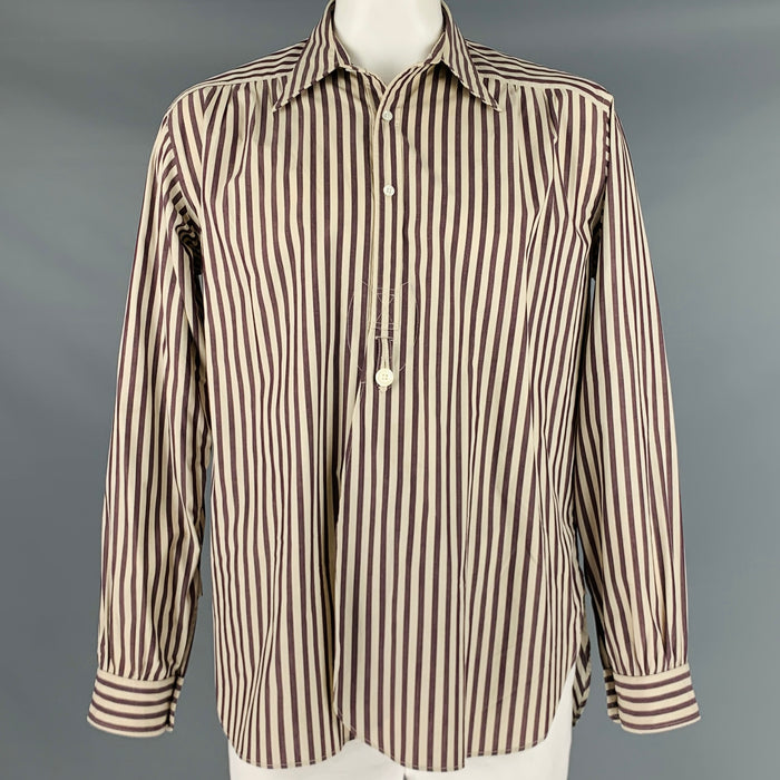 NEEDLES Taille XL Chemise à manches longues en coton à rayures crème marron avec patte longue