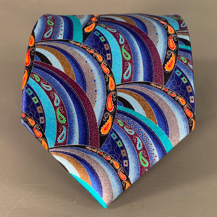 ERMENEGILDO ZEGNA Blue Turquoise Abstract Paisley Silk Satin Tie