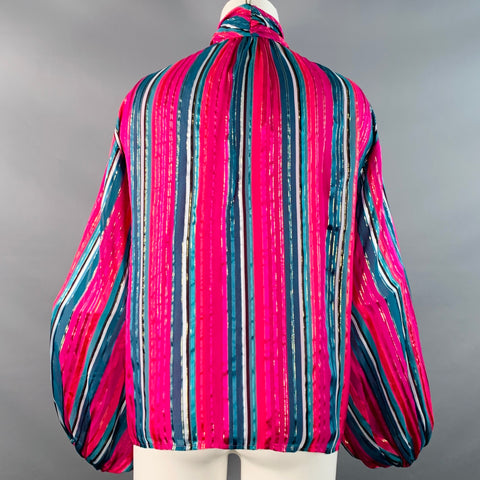 TRINA TURK Size S Pink Green Silk Metallic Stripe Bishop Bow Blouse