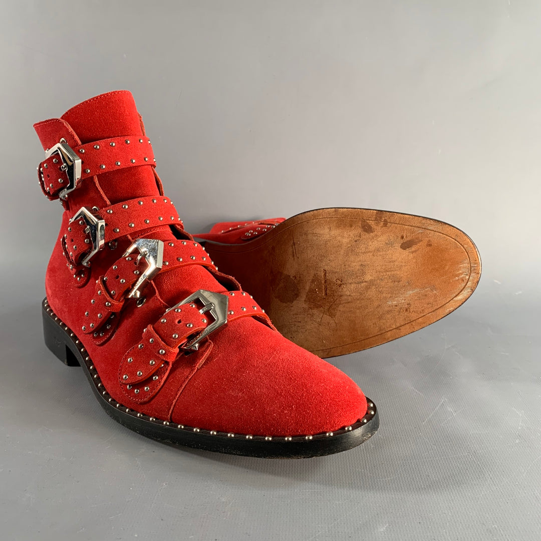 GIVENCHY Size 9 Red Studded Leather Belted Boots