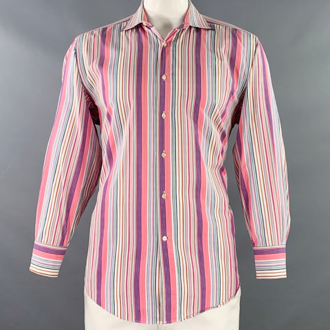 Chemise ETRO taille 42 en coton à rayures multicolores roses, col écarté, manches longues