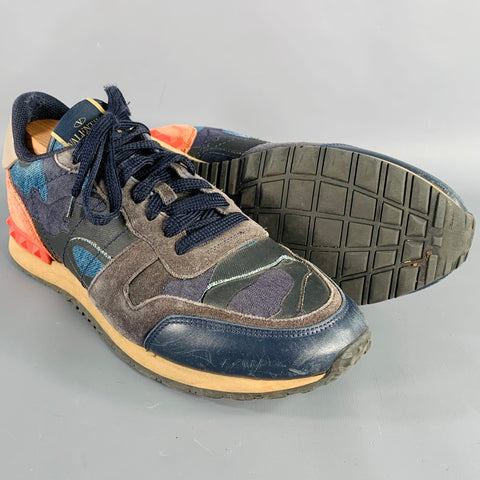 VALENTINO Size 9 Black Blue Red Color Block Leather Rubber Sole Sneakers