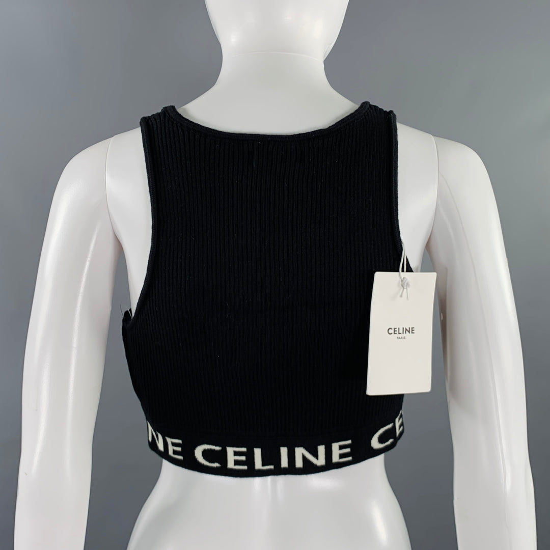 CELINE Size S Black White Cotton Logo Athletic Casual Crop Top