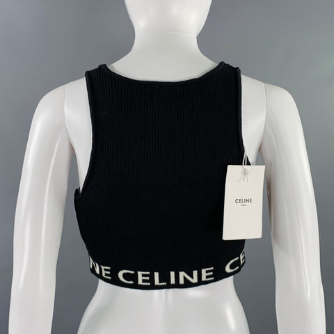 CELINE Size S Black White Cotton Logo Athletic Casual Crop Top