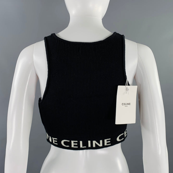 CELINE Size S Black White Cotton Logo Athletic Casual Crop Top