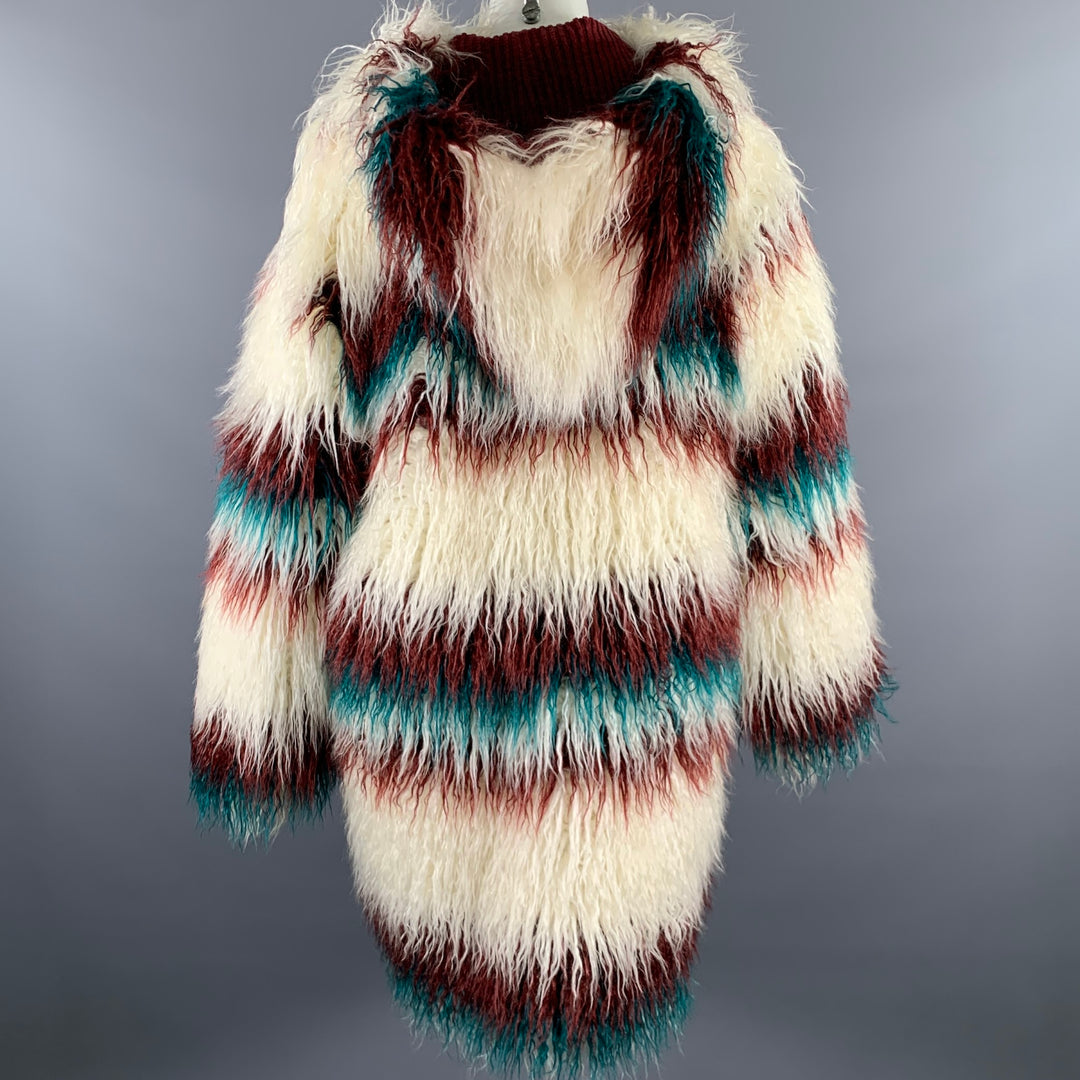 FRIED RICE One Size White Burgundy Teal Stripe Polyester Faux Fur Coat