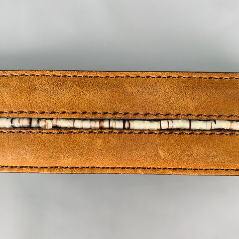 VINTAGE Size 38 Brown White Beaded Leather Belt