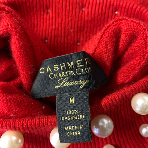 CASHMERE CHARTER CLUB Size M Red Pearl Cashmere Beaded Pullover