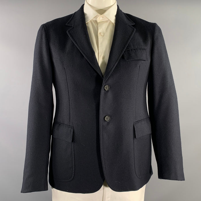 PRADA Chest Size 42 Navy Solid Wool Notch Lapel Sport Coat