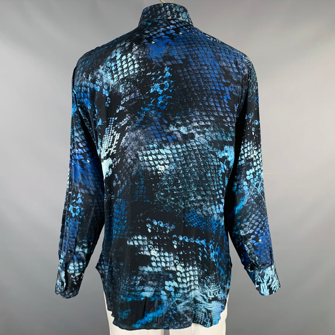 BILLIONAIRE COUTURE Size XL Black Blue Snake Silk Button Up Long Sleeve Shirt