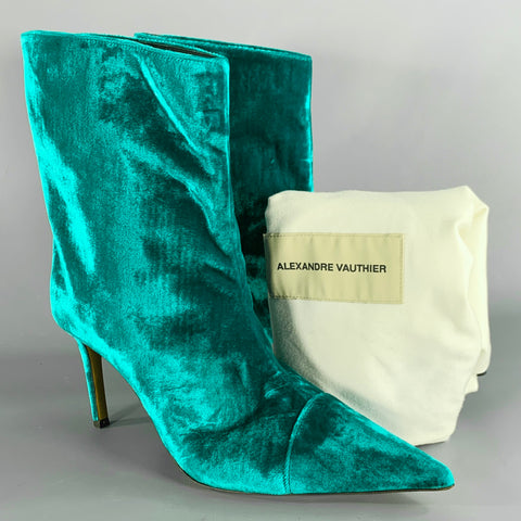 ALEXANDRE VAUTHIER Size 7 Blue Green Velvet Pointed Toe Boots