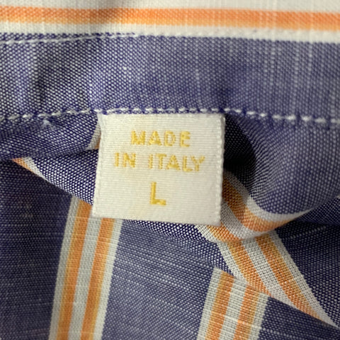 BRIONI Size L Blue Orange White Stripe Linen Long Sleeve Shirt