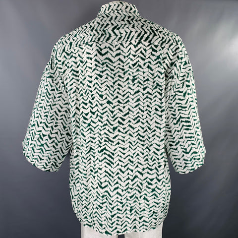 HAIDER ACKERMANN Size L Green White Zig Zag Viscose Silk Short Sleeve Shirt