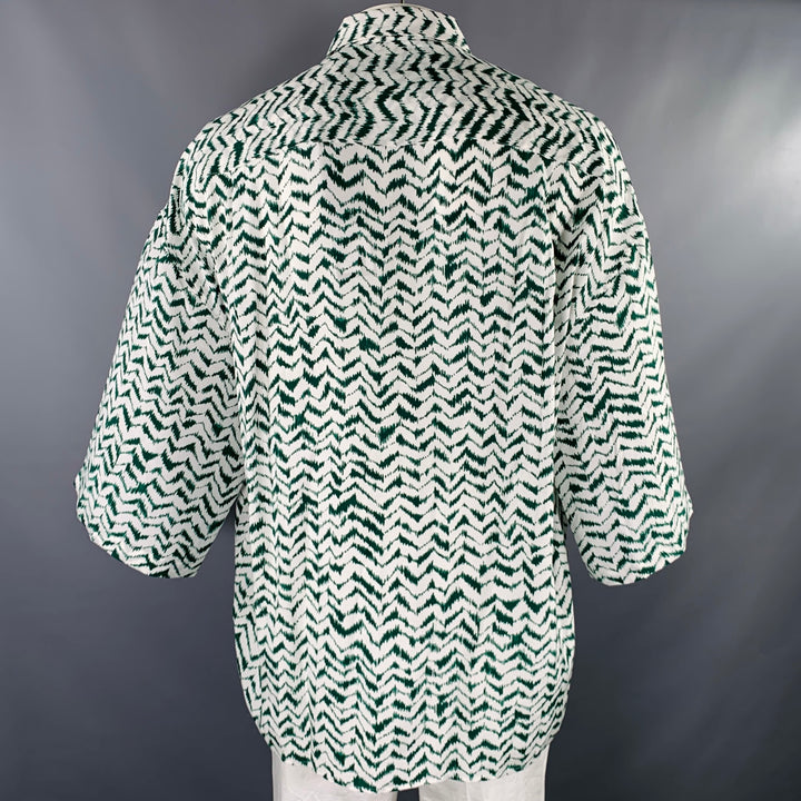 HAIDER ACKERMANN Size L Green White Zig Zag Viscose Silk Short Sleeve Shirt