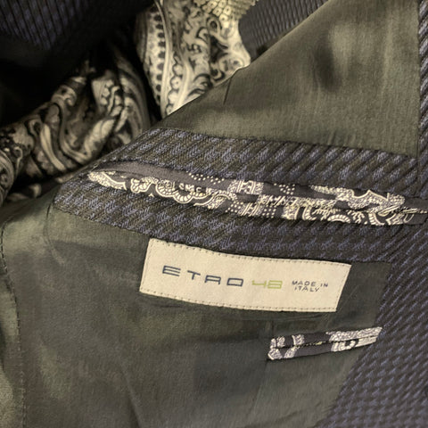 ETRO Chest Size 42 Black Navy Jacquard Wool Silk Peak Lapel Sport Coat