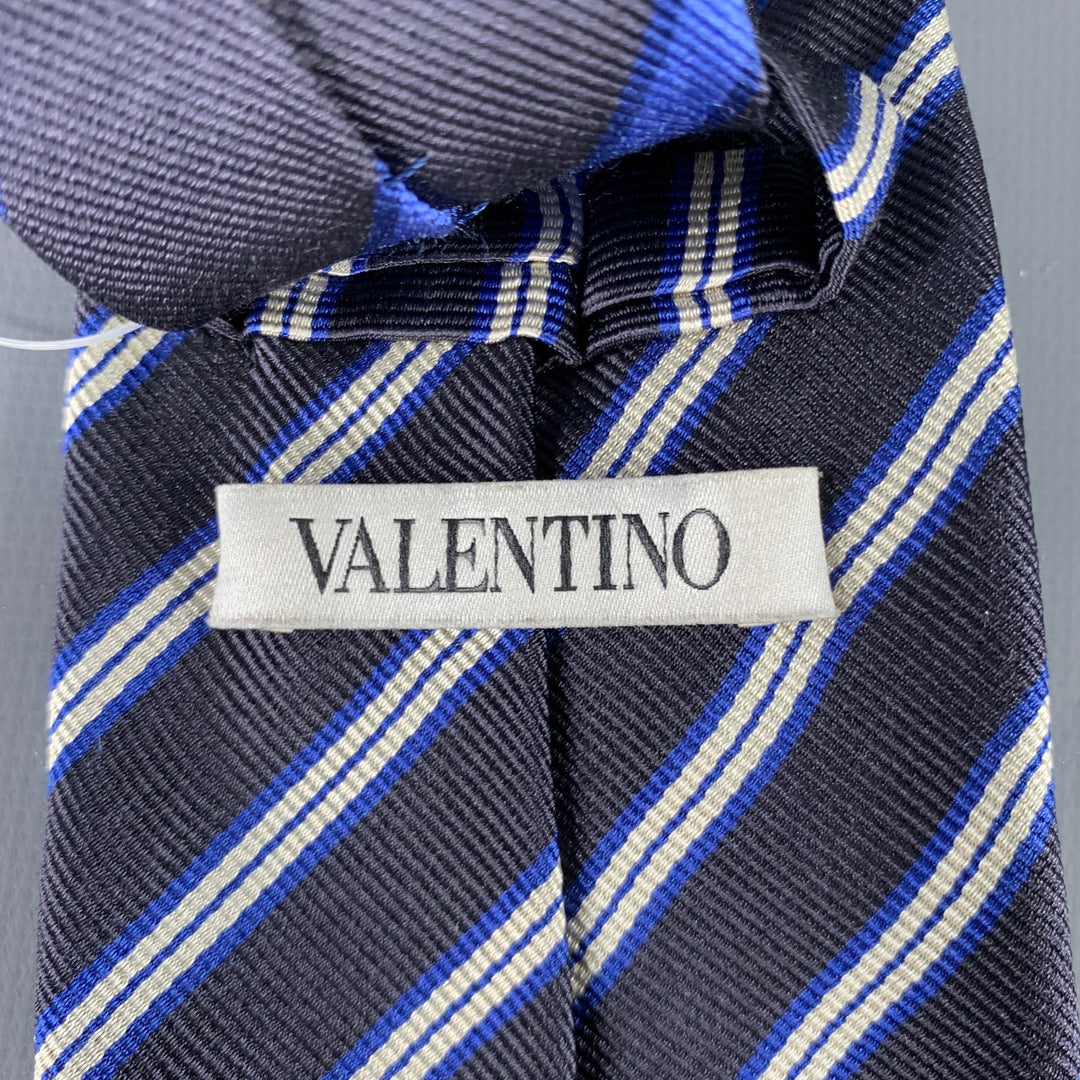 VALENTINO Navy White Diagonal Stripe Silk Twill Tie