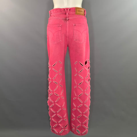 VERSACE Pre FW2023 Size 25 Pink Cotton Wide Leg Jeans