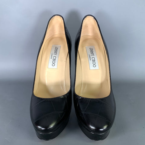 JIMMY CHOO Size 6 Black Leather Croc Embossed Stiletto Pumps