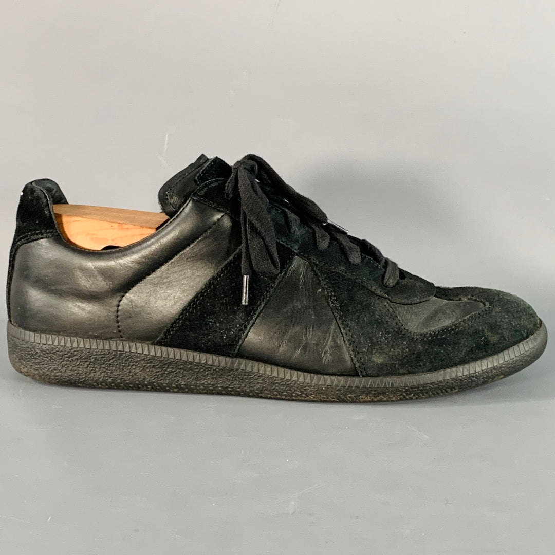 MAISON MARGIELA Size 10 Black Leather Suede Low Top Sneakers