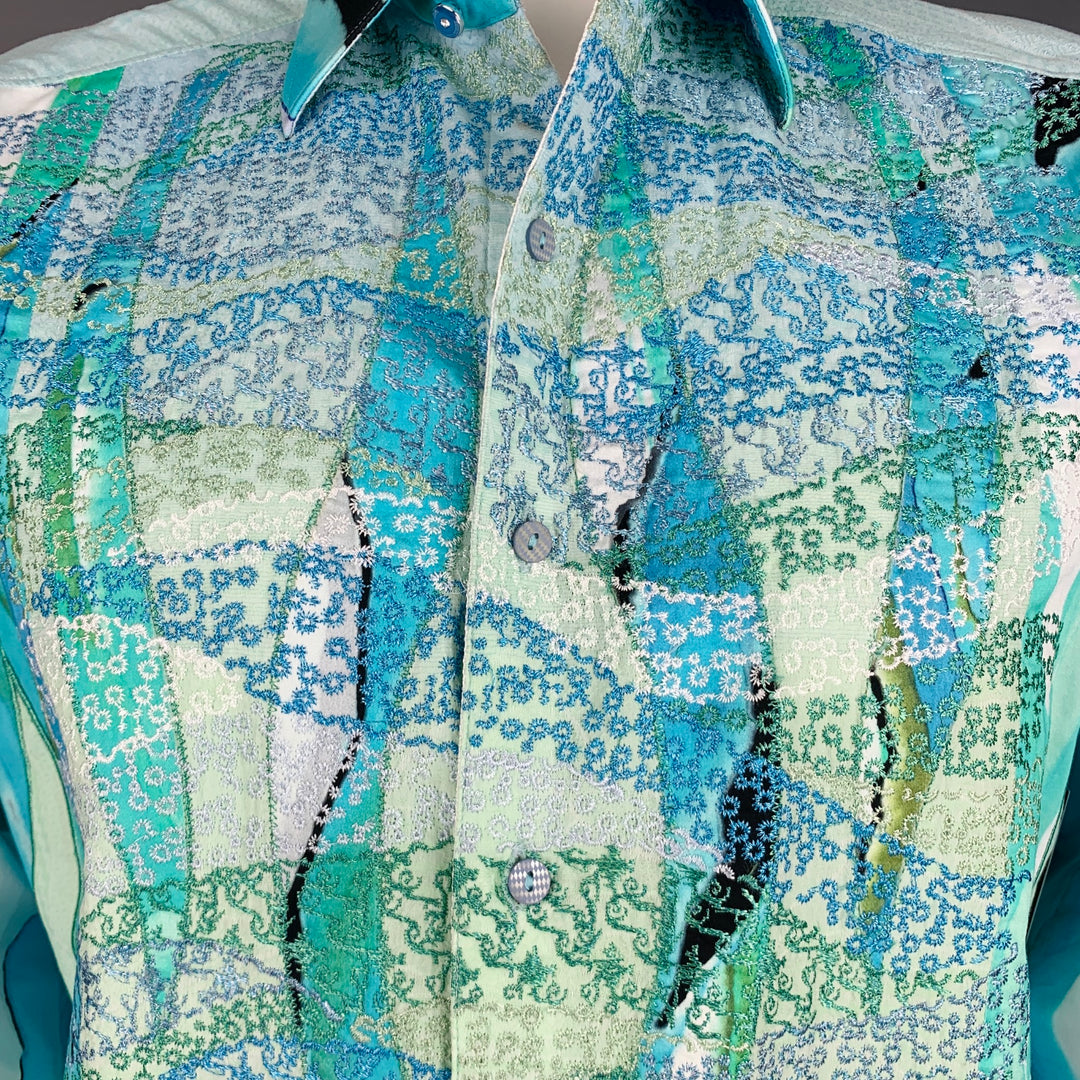 ROBERT GRAHAM Talla L Camisa de manga larga de algodón con estampado verde, blanco y azul