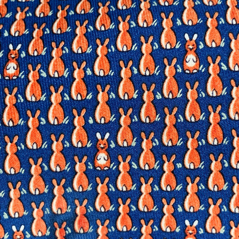 HERMES Navy Orange Rabbits Silk Tie