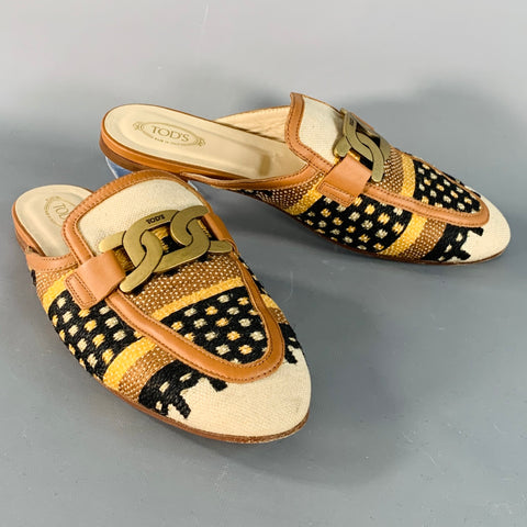 TOD'S Size 11 Tan Multi Color Canvas Abstract Chain Buckle Slip On Flats