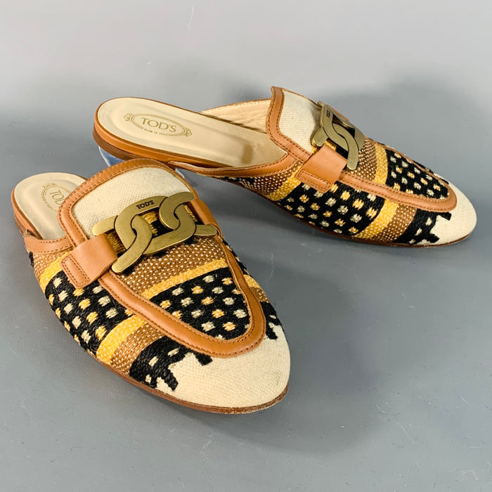 TOD'S Taille 11 Cuir toile multi-couleur abstrait Chaîne Boucle Mocassins Plats