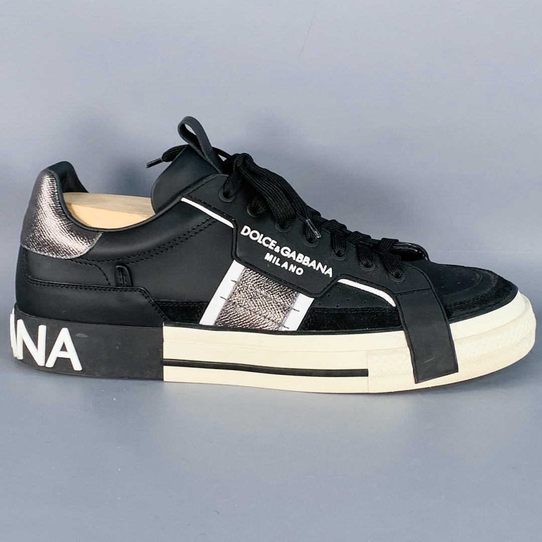 DOLCE & GABBANA Size 10 Black White Silver Logo Leather  display picture 2