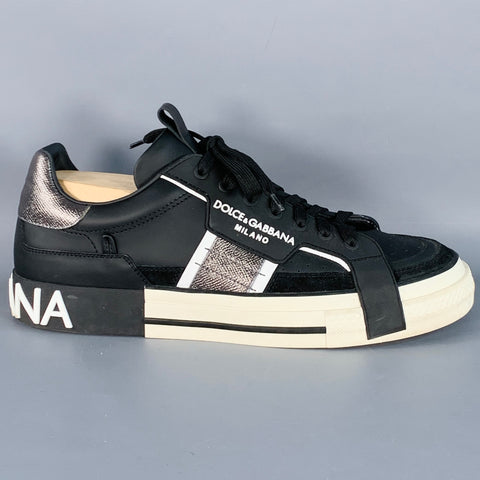 DOLCE & GABBANA Size 10 Black White Silver Logo Leather Sneakers