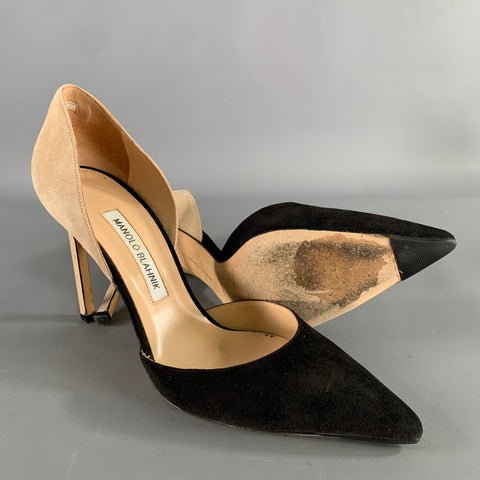 MANOLO BLAHNIK Size 9.5 Black Tan Suede Two Tone Suede Pointed Toe Pumps