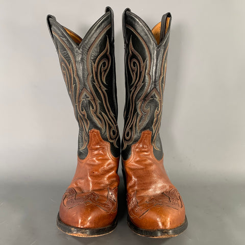 TONY LAMA Size 10 Black Brown Embroidery Leather Boots