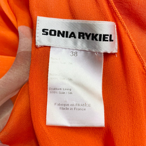 SONIA RYKIEL Size M Orange Black Silk Abstract Sleeveless Velvet Trim Asymmetrical Midi Dress