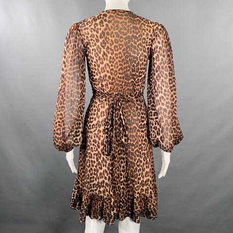 GANNI Size 2 Brown Beige Polyamide Animal Print Wrap Dress