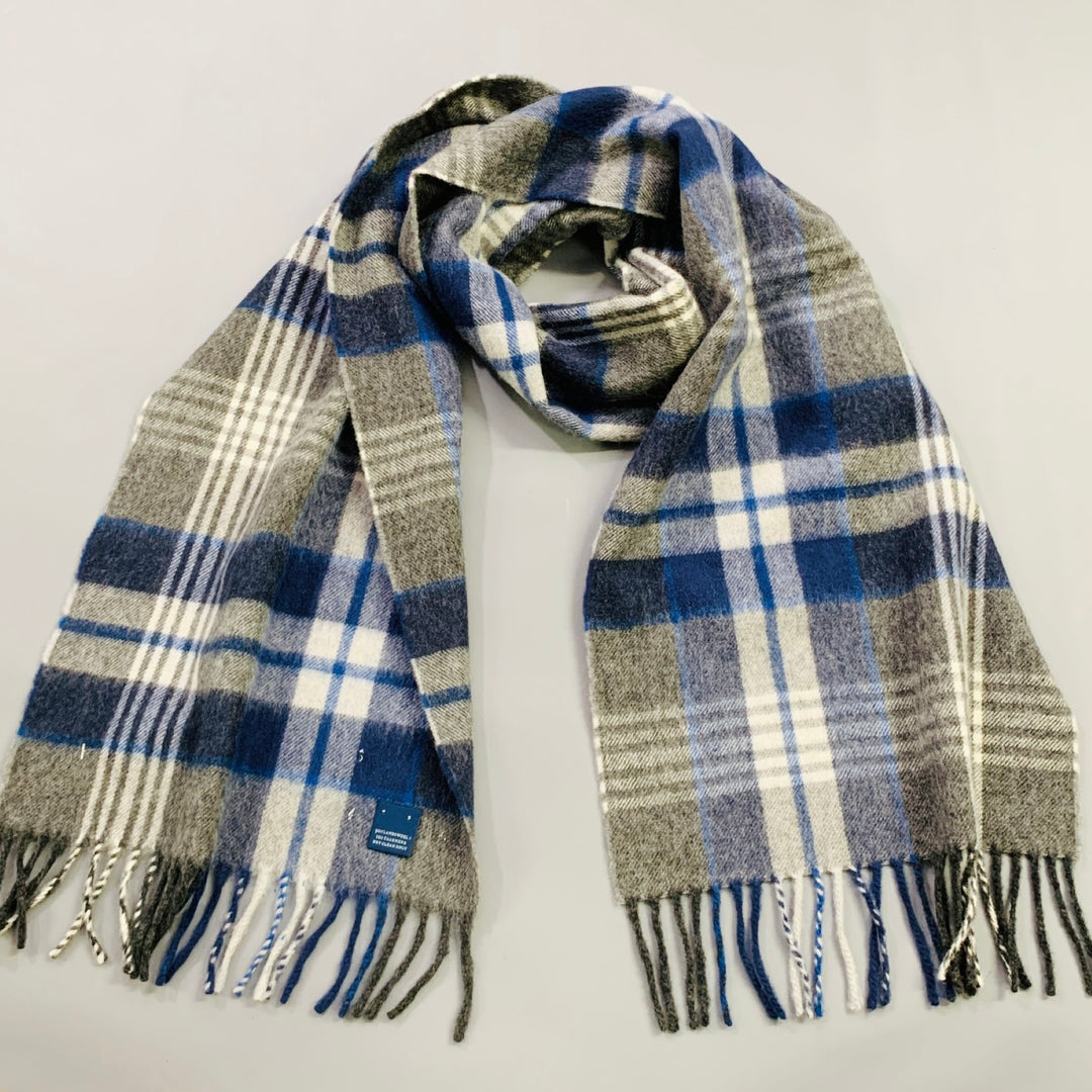 NO BRAND Blue Grey Plaid Lambswool Cashmere Fringe Scarf