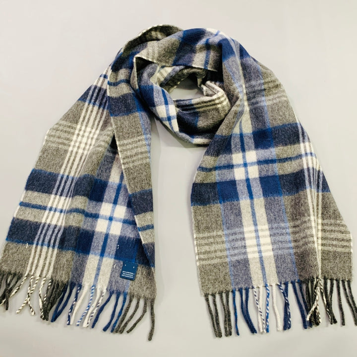 NO BRAND Blue Grey Plaid Lambswool Cashmere Fringe Scarf