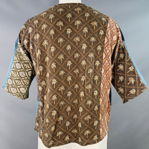 KAPITAL Size L Blue Brown Patchwork Cotton Blend Crew Neck T-shirt