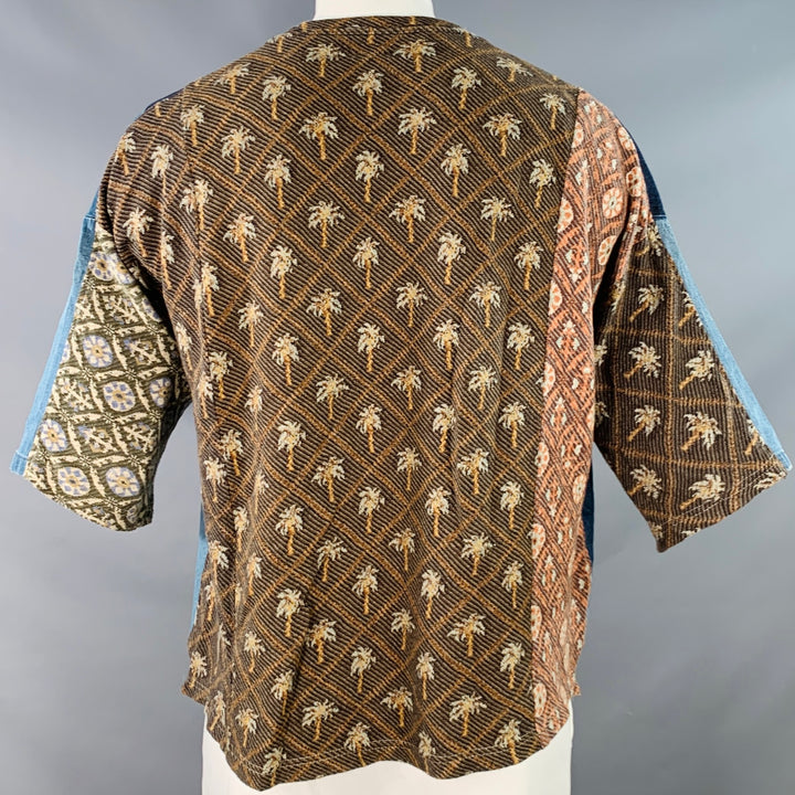 KAPITAL Size L Blue Brown Patchwork Cotton Blend Crew Neck T-shirt