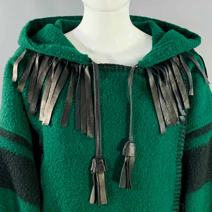 JEAN CHARLES DE CASTELBAJAC Size 2 Green Black Wool Leather Fringe Hooded Coat