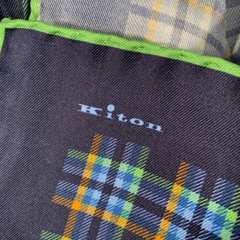 KITON Navy Green Plaid Silk Pocket Square