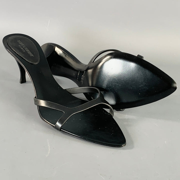 SAINT LAURENT Size 10 Carla Black Leather Pointed Toe Kitten Heel Mules Sandals
