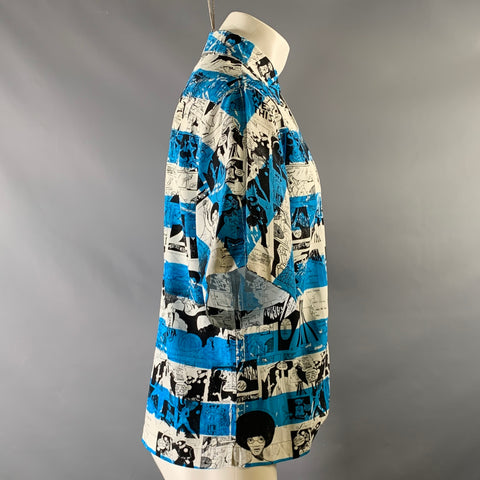 PRADA Size XS Blue Black & White Comic Print Viscose Camp Short Sleeve Shirt