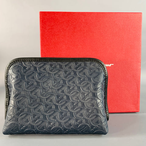 SALVATORE FERRAGAMO One Size Navy Embossed Gancini Logo Calf Leather Toiletry Bag