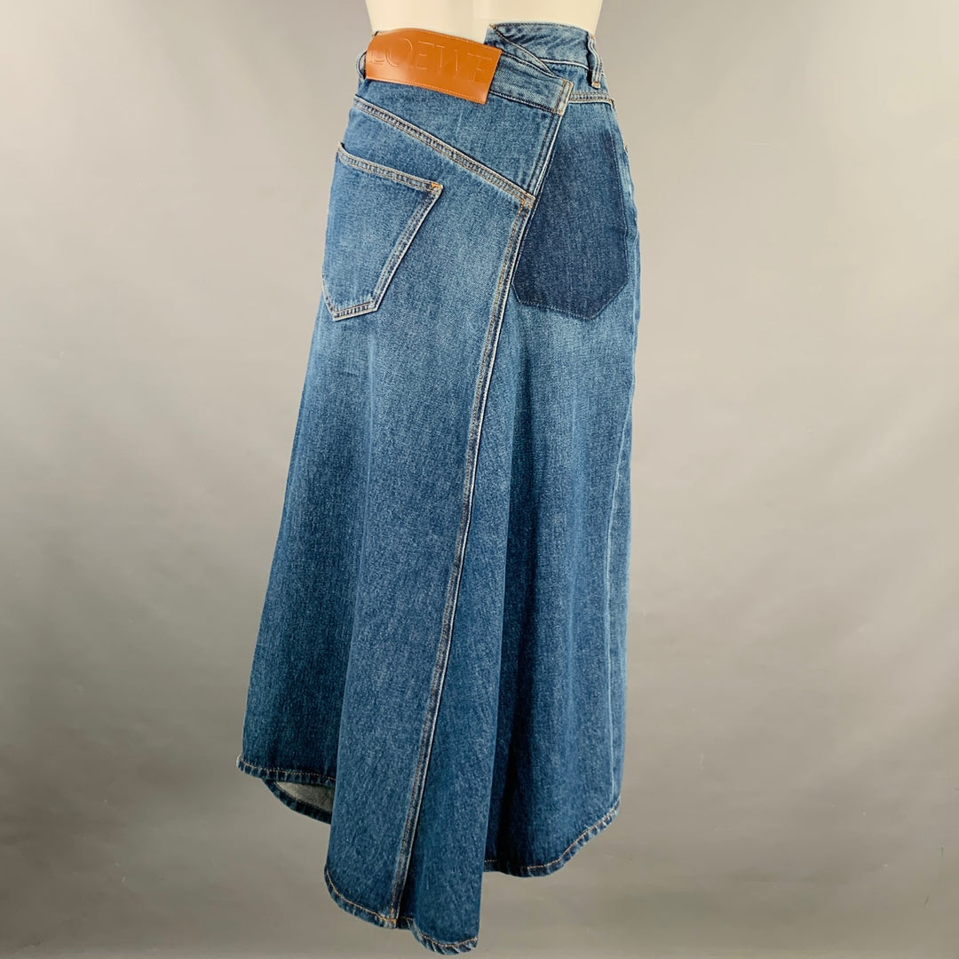 LOEWE Size 32 Blue Cotton Contrast Stitch Deconstructed Denim Midi Y2K Skirt