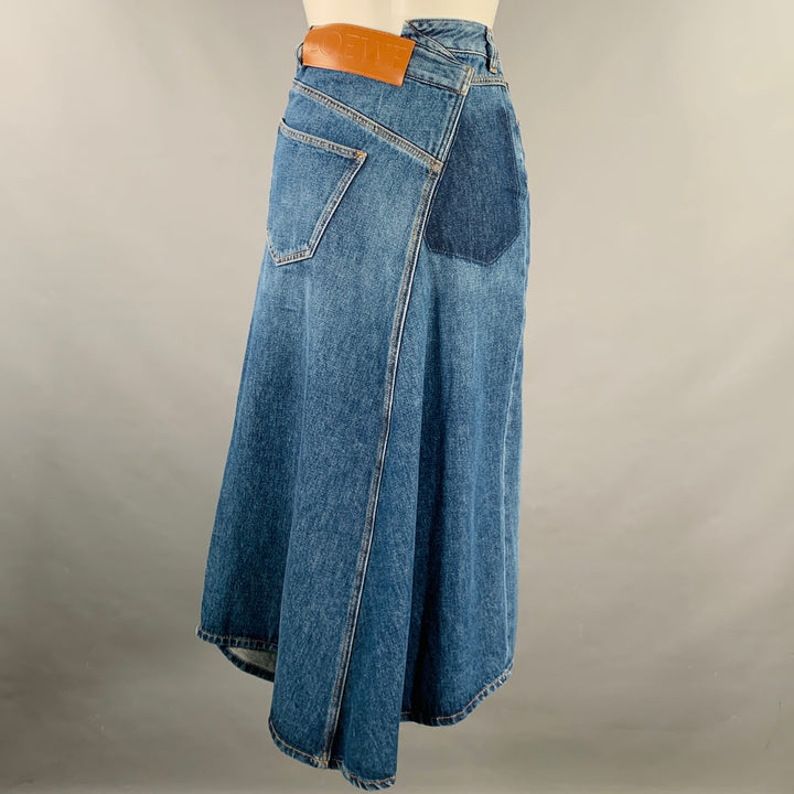 LOEWE Size 32 Blue Cotton Contrast Stitch Deconstructed Denim Midi Y2K Skirt