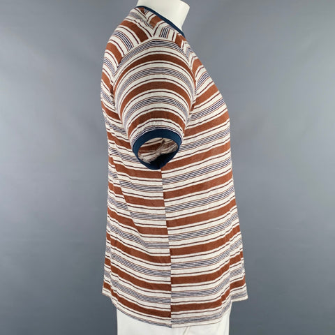 OUT/FIT Size XL Brown White Navy Stripe Linen Crew Neck T-shirt