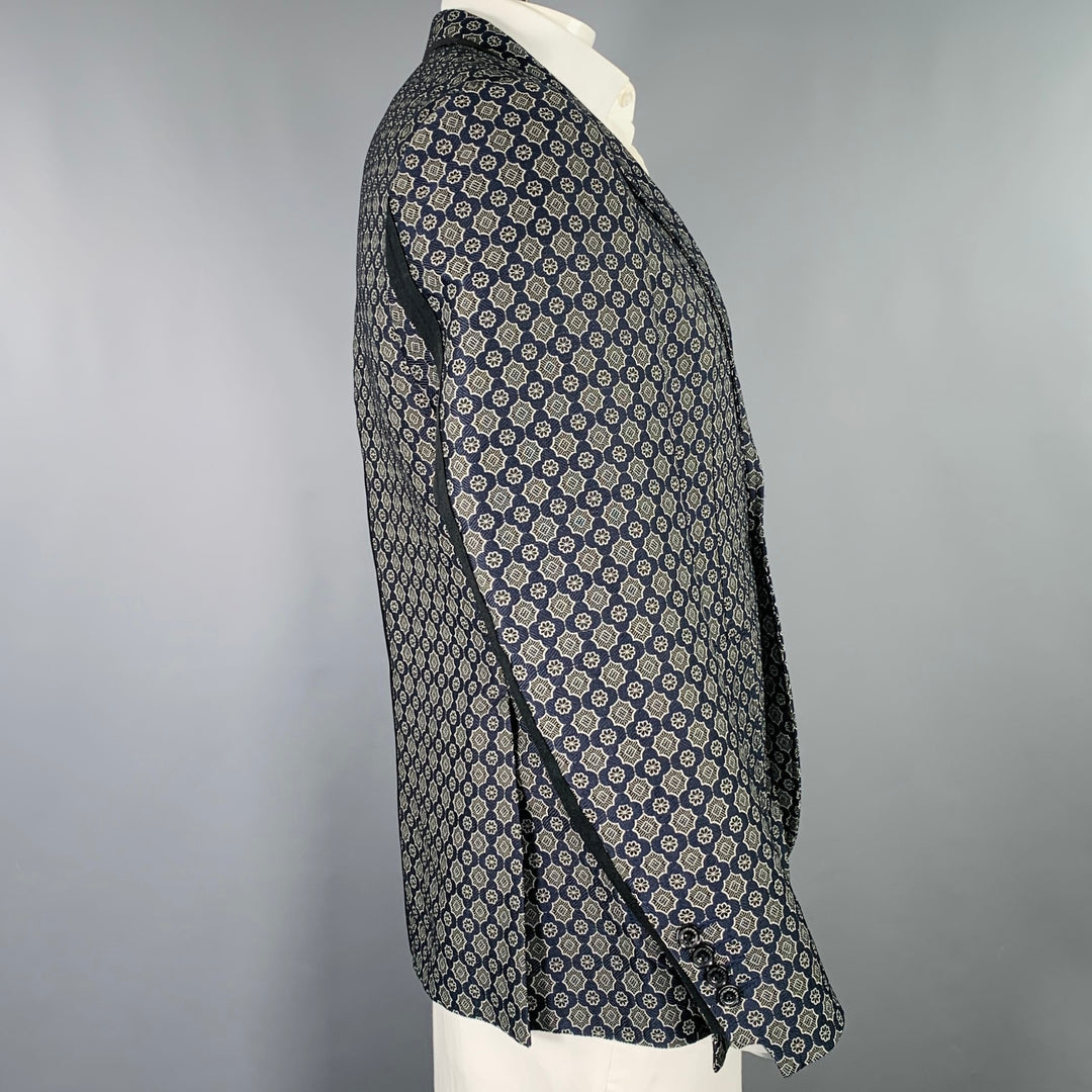 EFM Size 42 Navy Grey Jacquard Polyester Blend Single Button Sport Coat