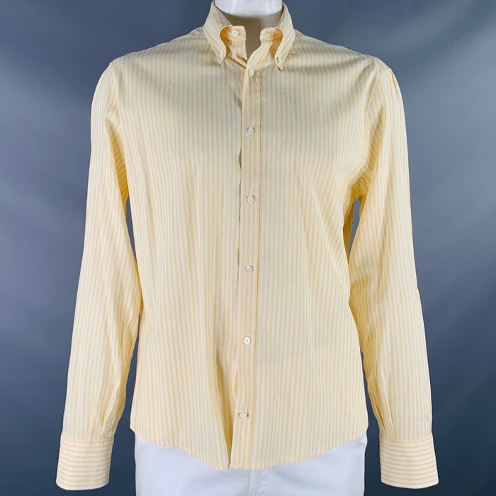 BRUNELLO CUCINELLI Size XXXL Yellow White Stripe Cotton Blend Long Sleeve Shirt