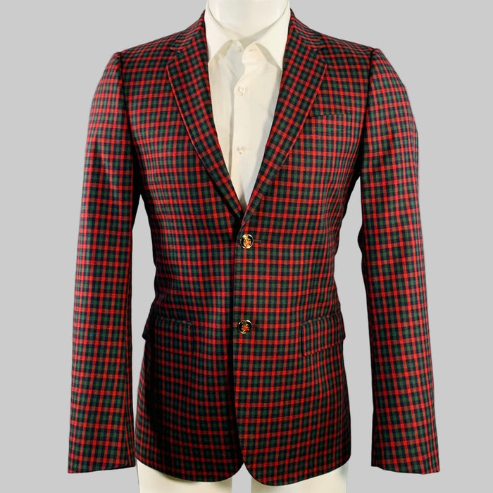 GUCCI Size 36 Regular Red Green Navy Plaid Wool Cashmere Sport Coat